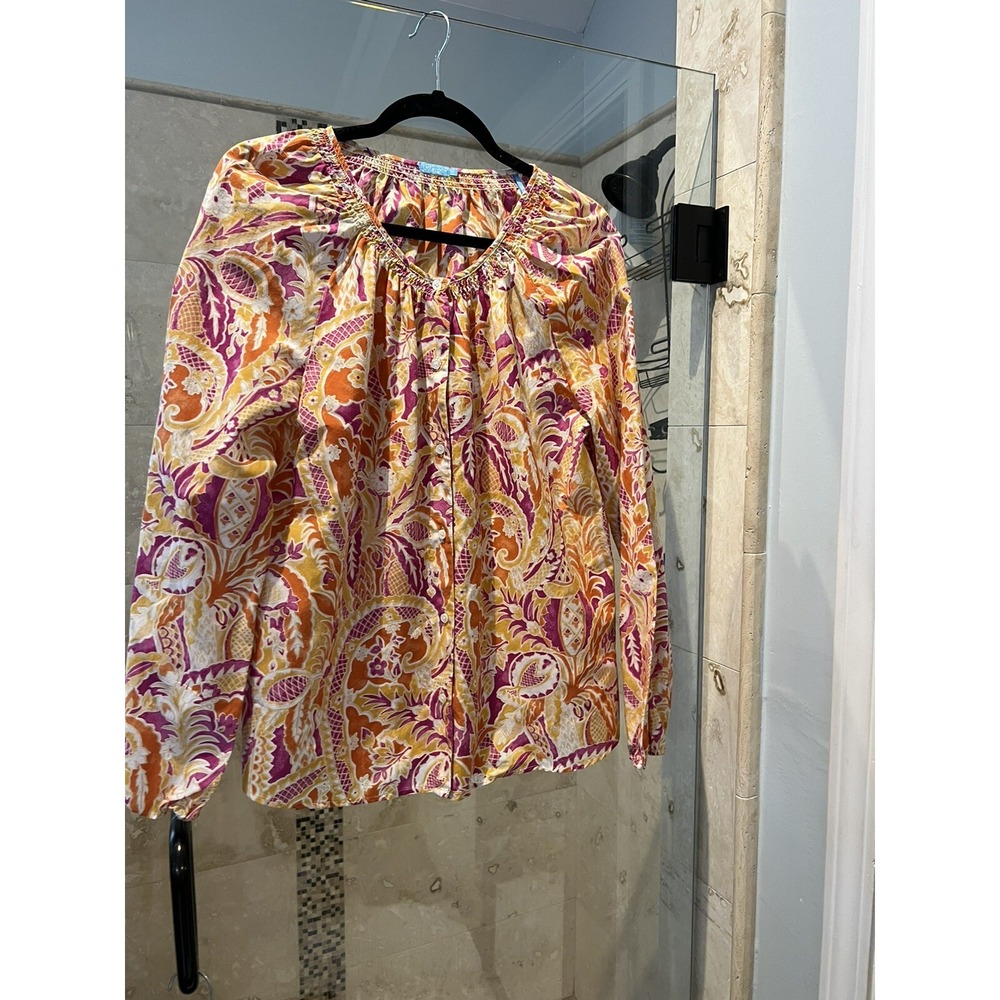 J. McLaughlin Women Pink Yellow Paisley Long Sleeve Silk Blend Top M